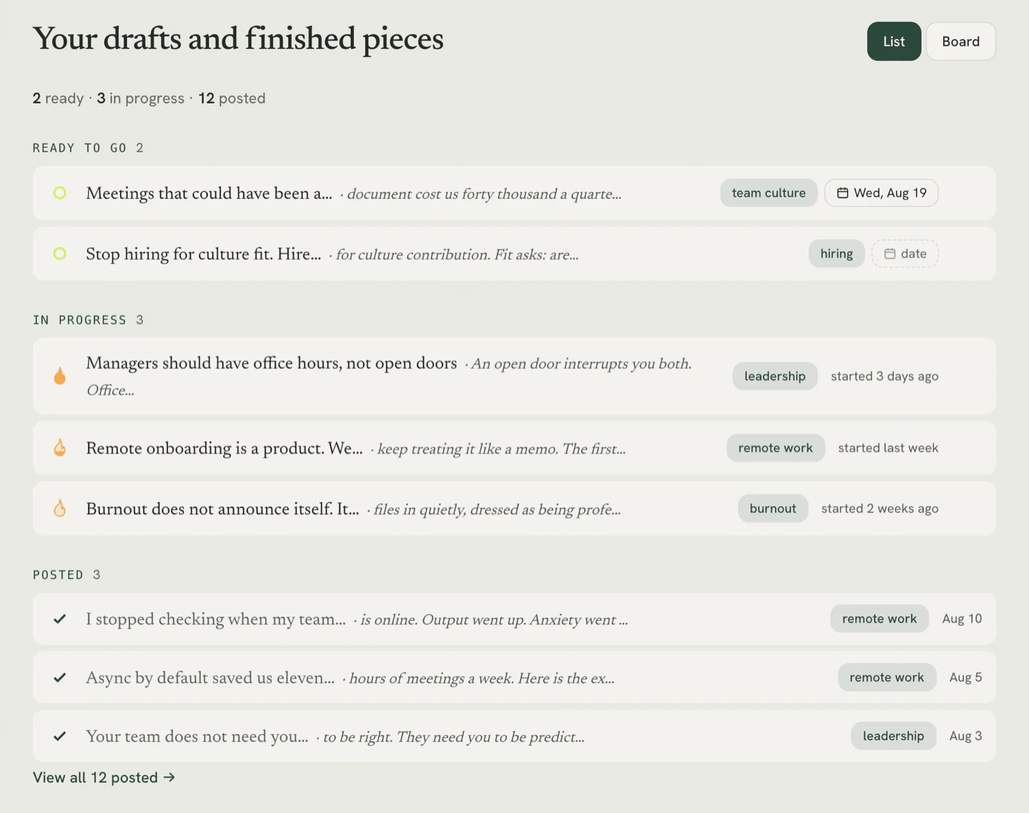 The Posts page as a list, with pieces grouped into ready to go, in progress and posted.